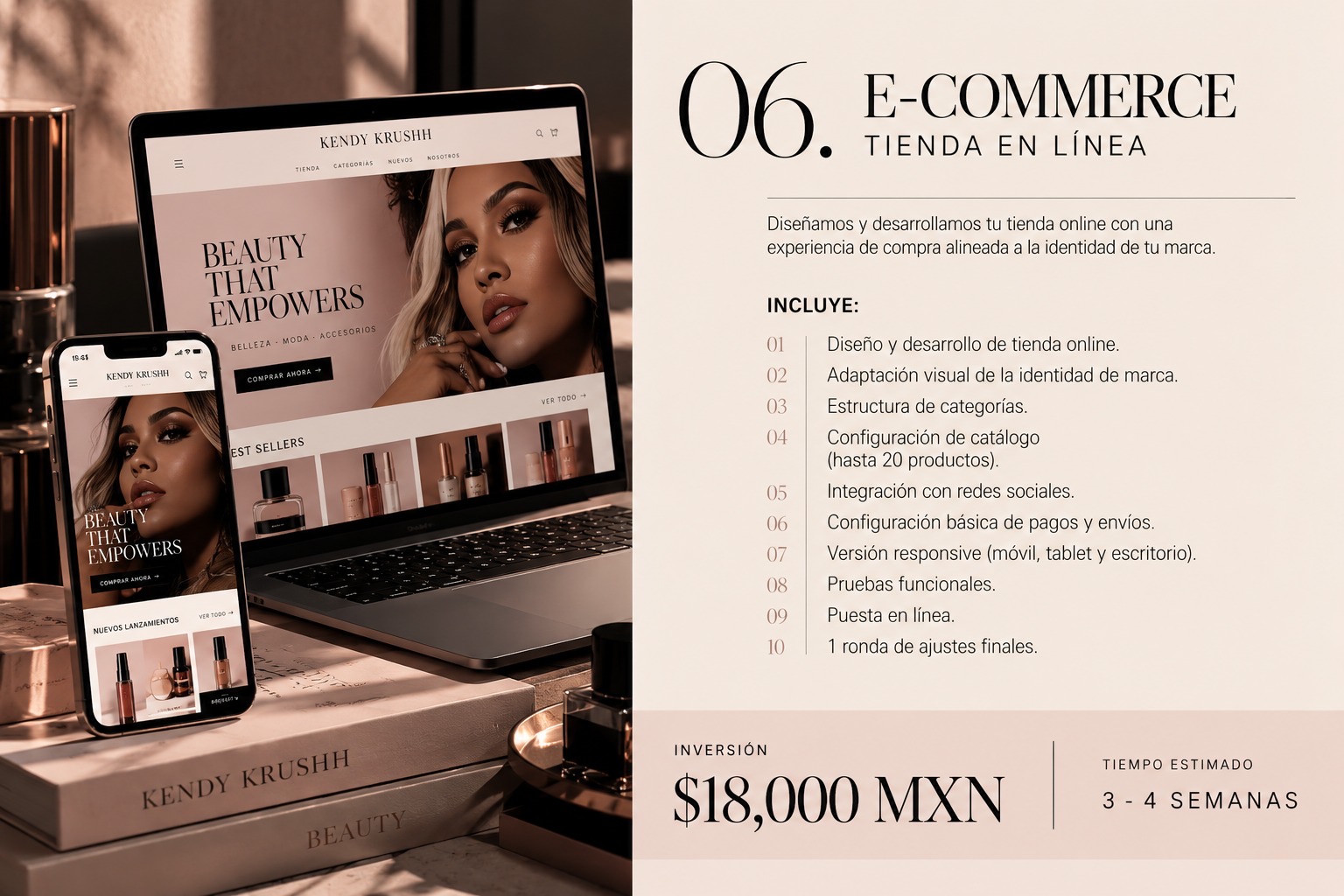 Referencia visual de Kendy Krushh: belleza, tonos cálidos y una presentación editorial en móvil y escritorio.